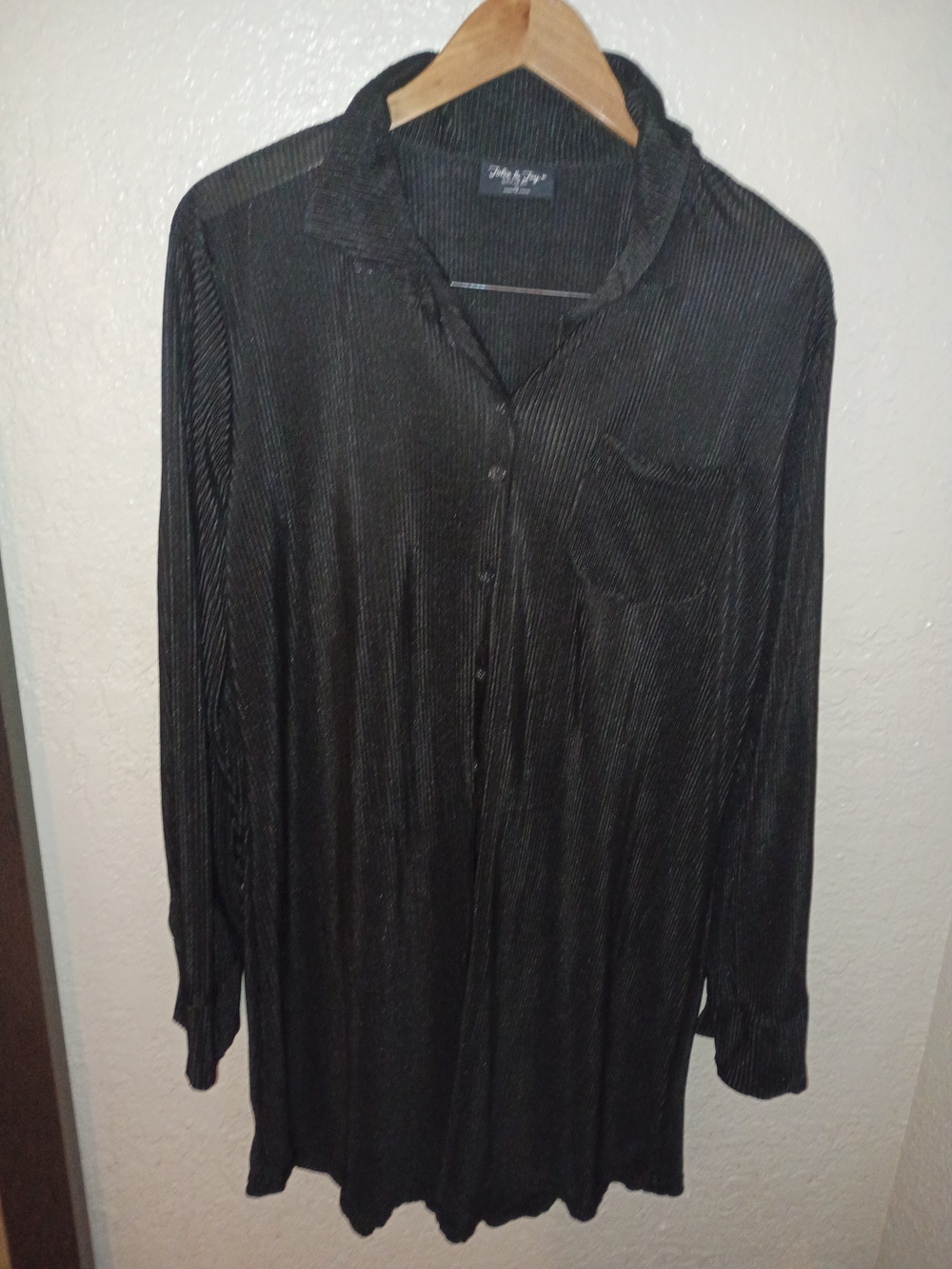 Black Long Pleated Button-Up Shirt
